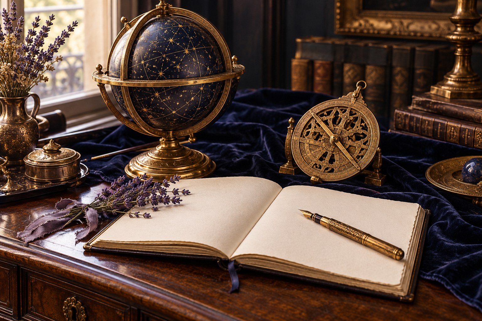 Un globe céleste ancien en laiton près d’un carnet crème et de lavande sur du velours bleu nuit
