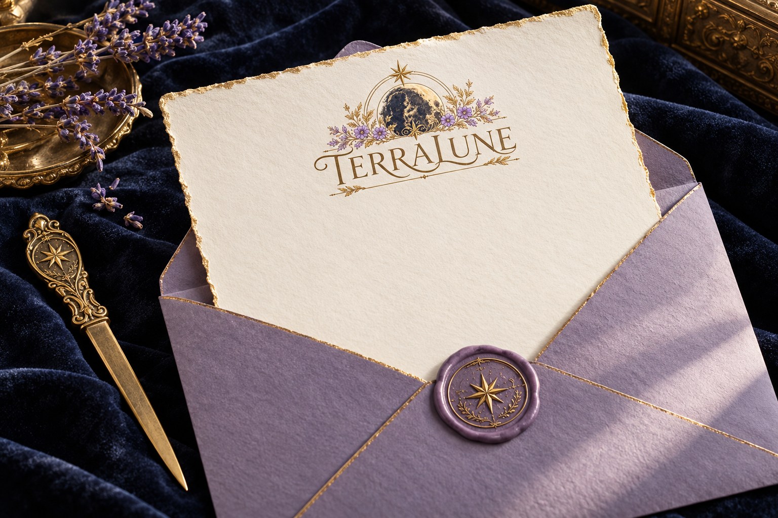 Une lettre TerraLune sur papier crème dans une enveloppe lavande ornée d’un sceau de cire violet