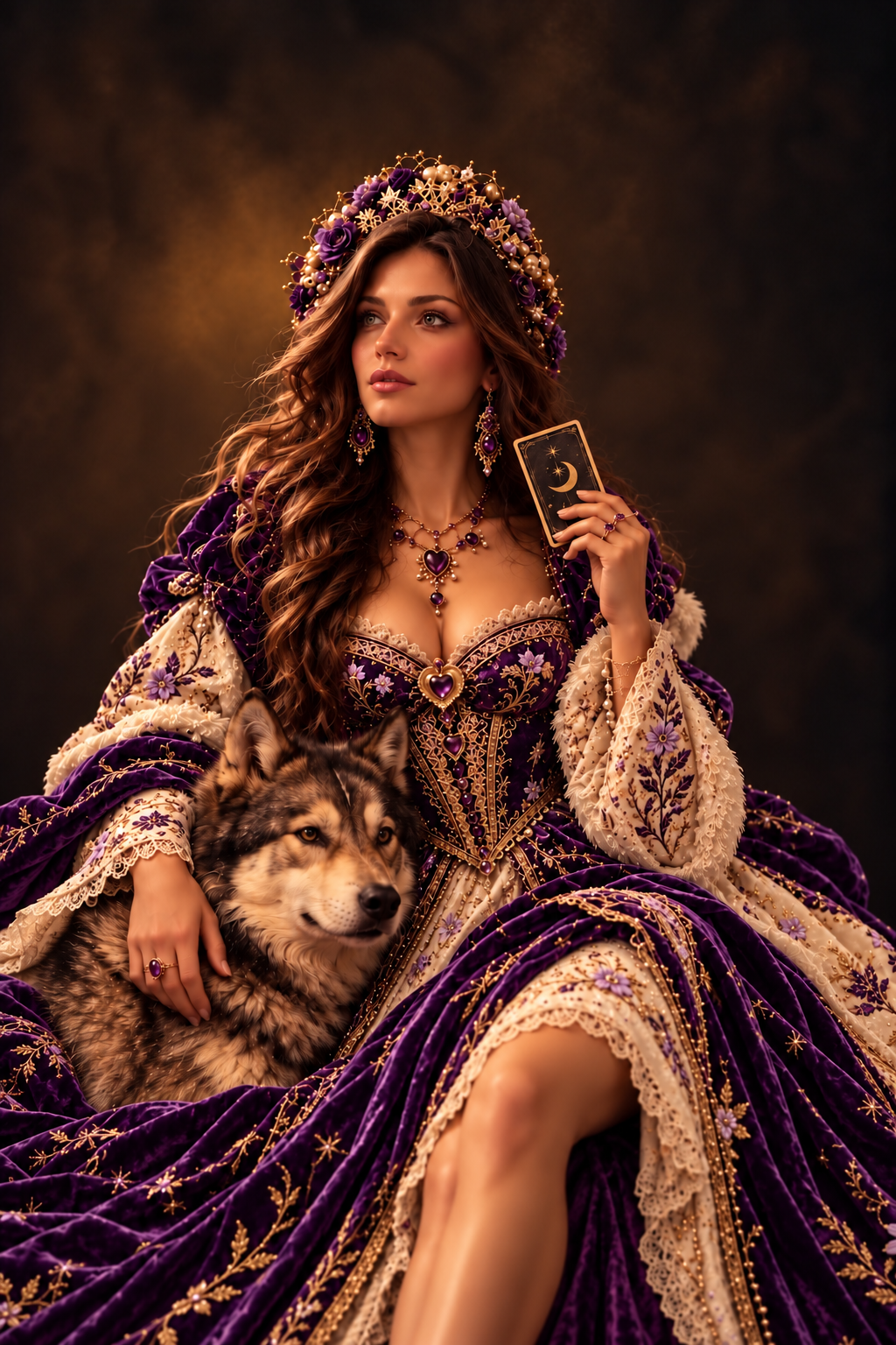 La praticienne TerraLune en robe victorienne violette et crème, tenant une carte de tarot près d’un loup